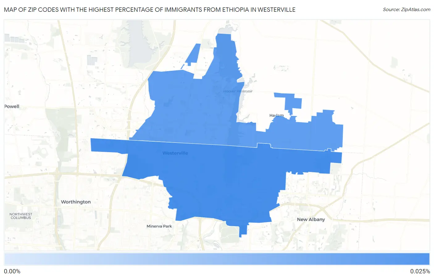 Zip Codes with the Highest Percentage of Immigrants from Ethiopia in Westerville Map