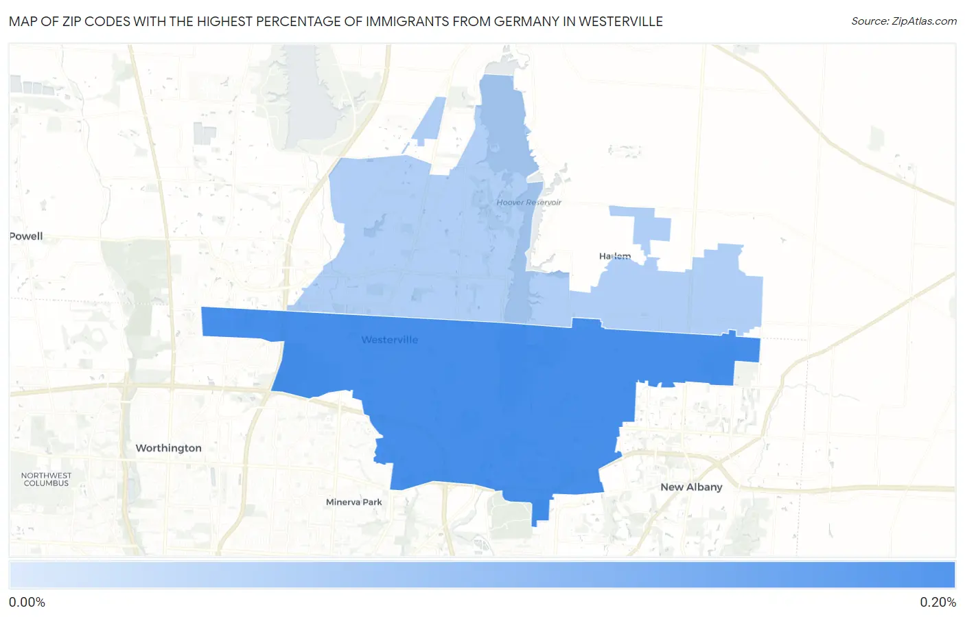 Zip Codes with the Highest Percentage of Immigrants from Germany in Westerville Map