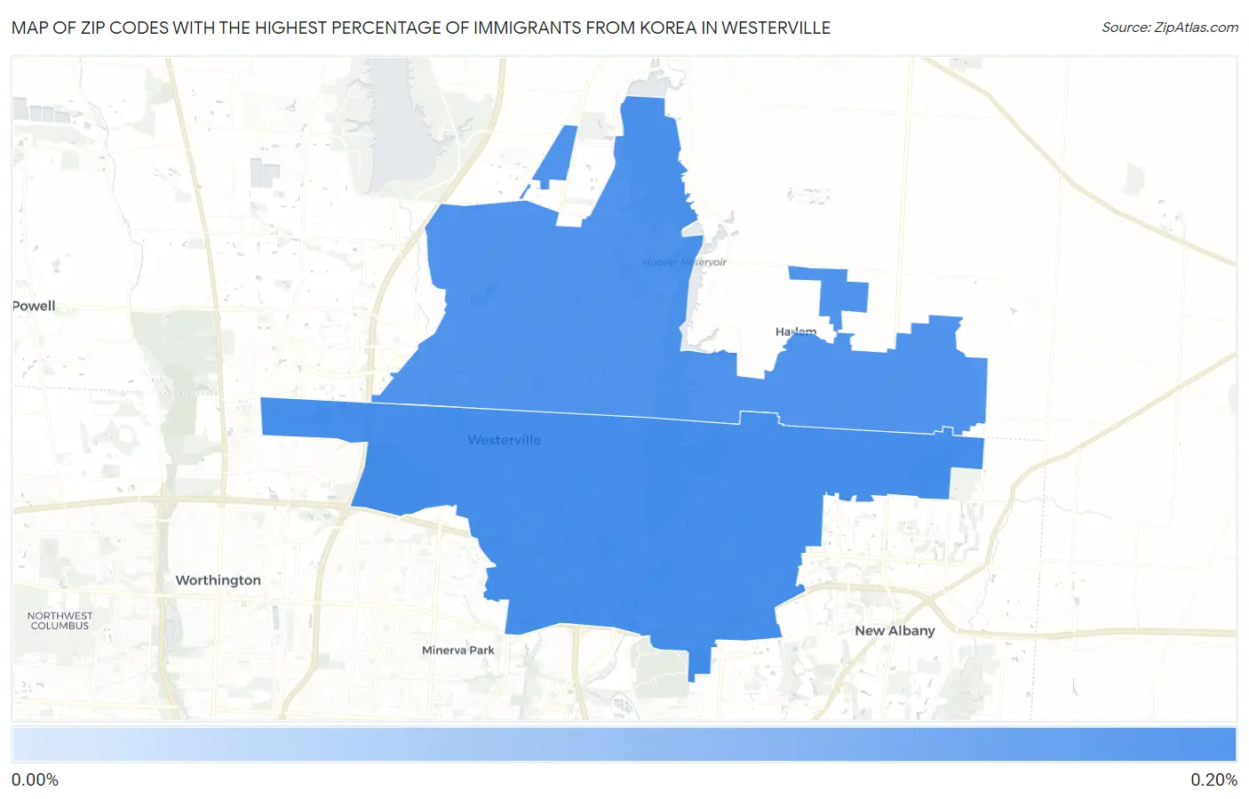 Zip Codes with the Highest Percentage of Immigrants from Korea in Westerville Map