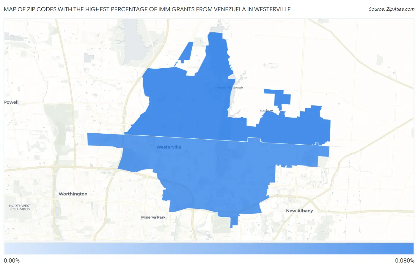 Zip Codes with the Highest Percentage of Immigrants from Venezuela in Westerville Map