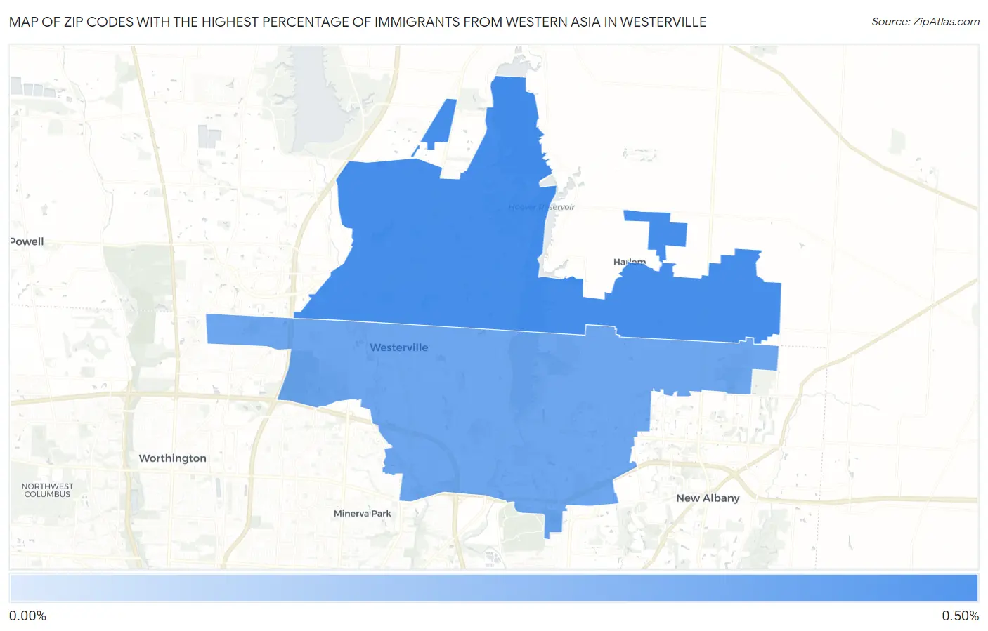 Zip Codes with the Highest Percentage of Immigrants from Western Asia in Westerville Map
