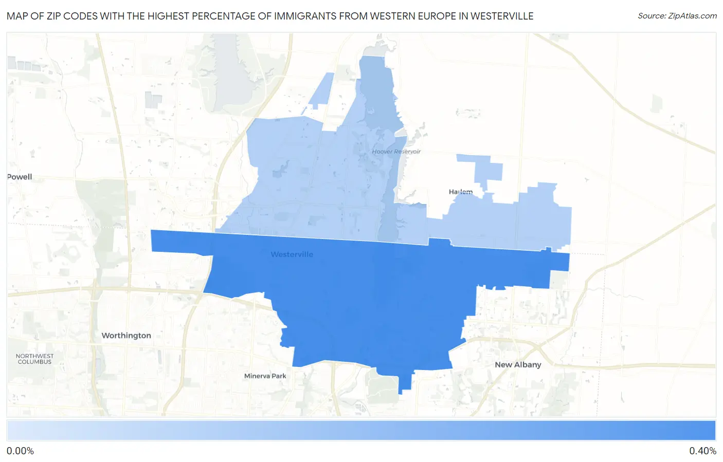 Zip Codes with the Highest Percentage of Immigrants from Western Europe in Westerville Map