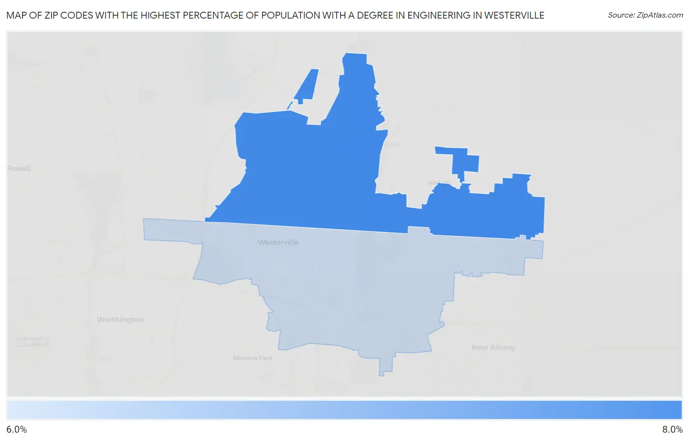 Zip Codes with the Highest Percentage of Population with a Degree in Engineering in Westerville Map