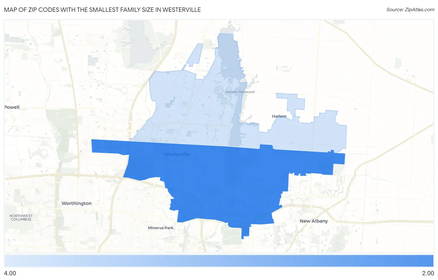 Zip Codes with the Smallest Family Size in Westerville Map