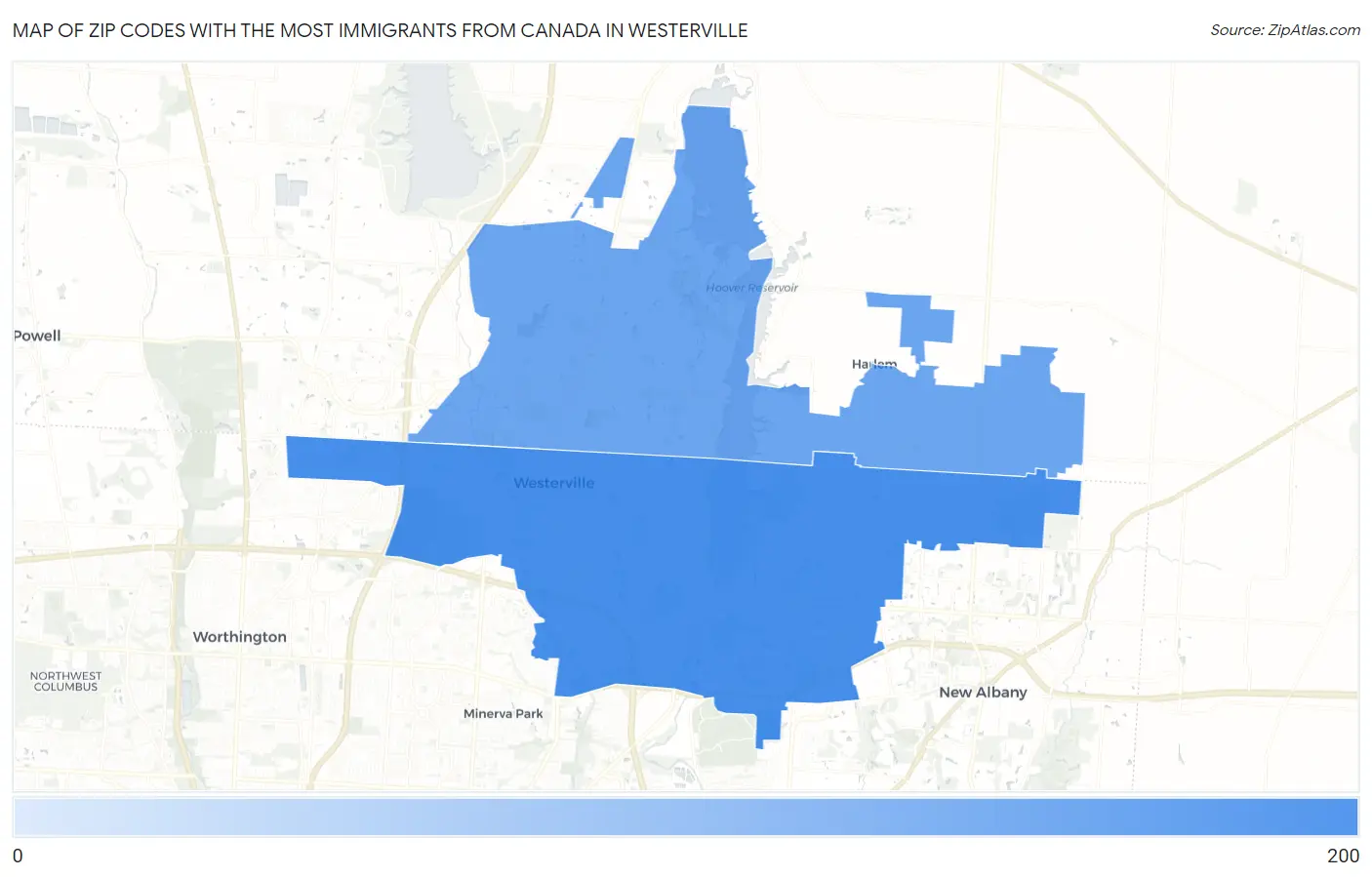 Zip Codes with the Most Immigrants from Canada in Westerville Map