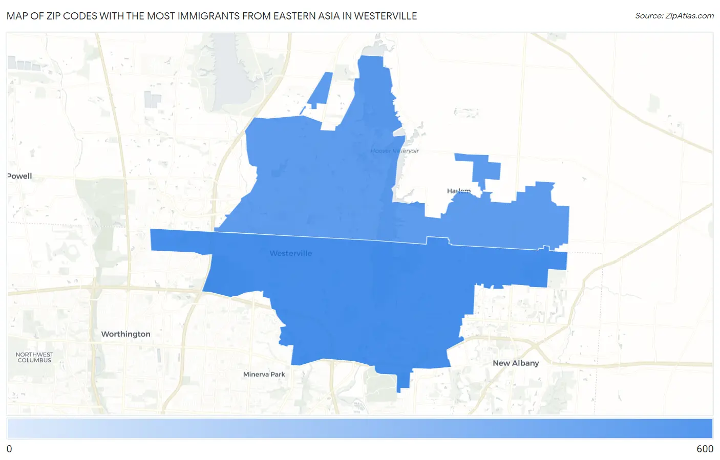 Zip Codes with the Most Immigrants from Eastern Asia in Westerville Map