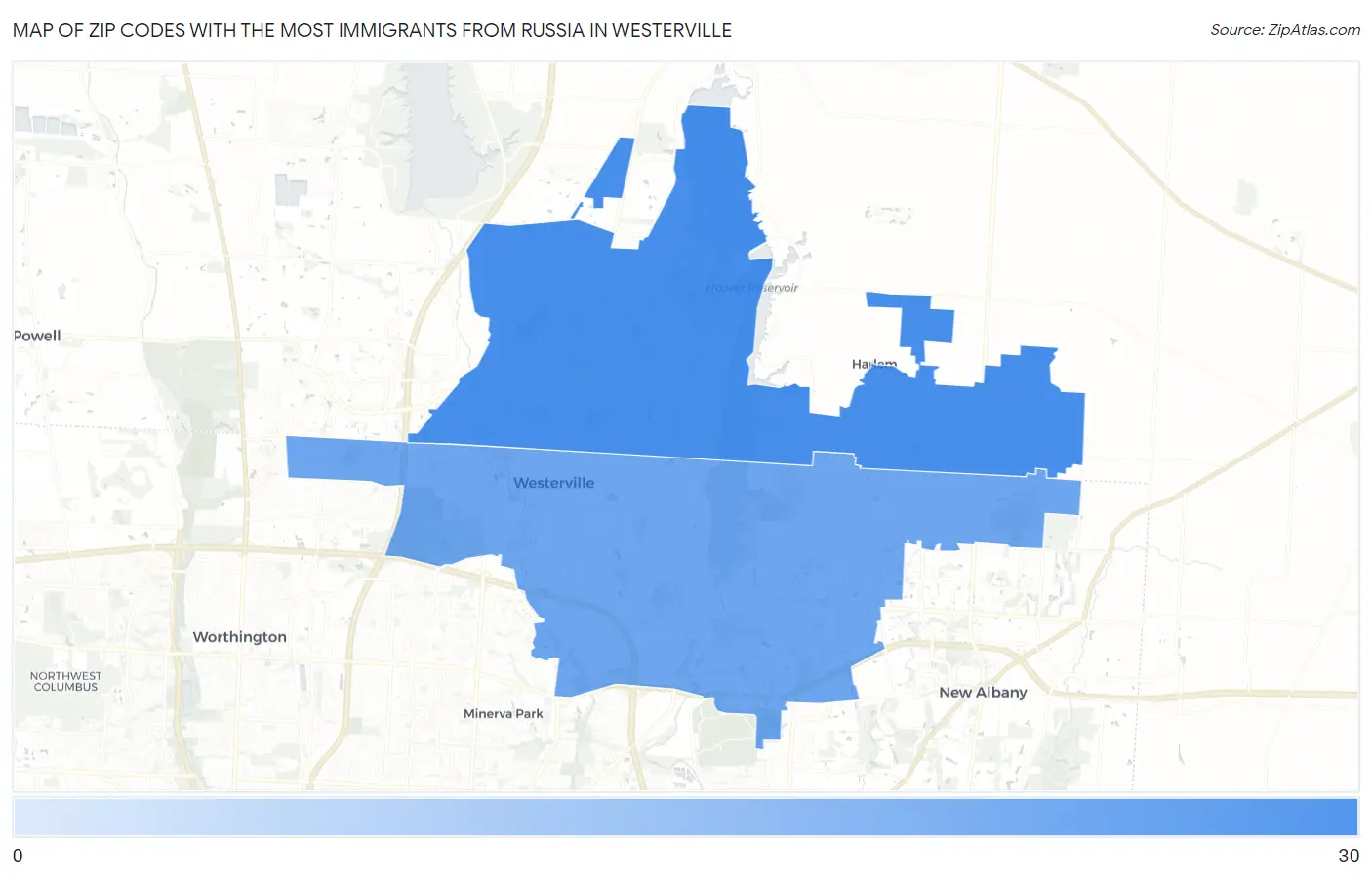 Zip Codes with the Most Immigrants from Russia in Westerville Map