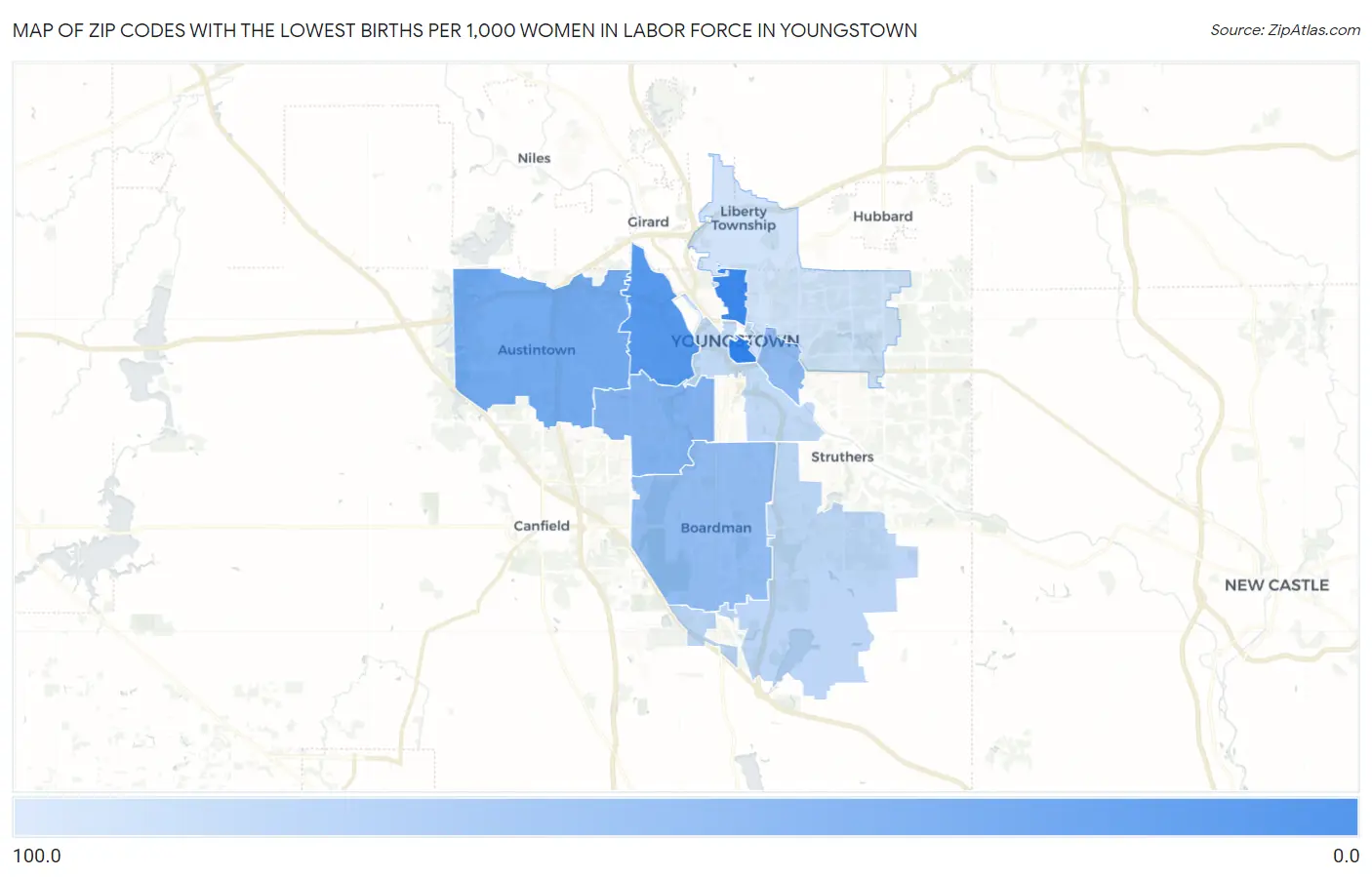 Zip Codes with the Lowest Births per 1,000 Women in Labor Force in Youngstown Map