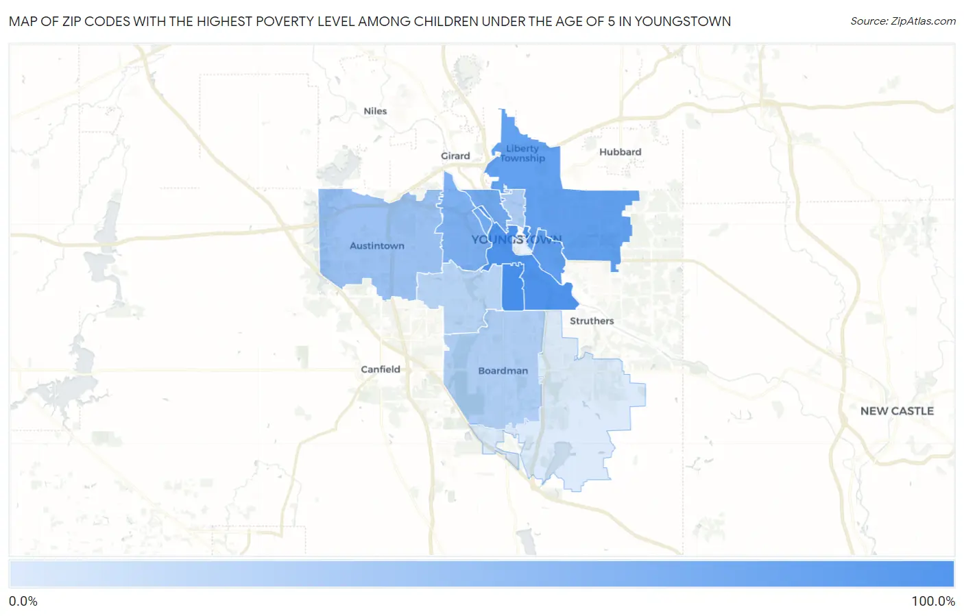 Zip Codes with the Highest Poverty Level Among Children Under the Age of 5 in Youngstown Map