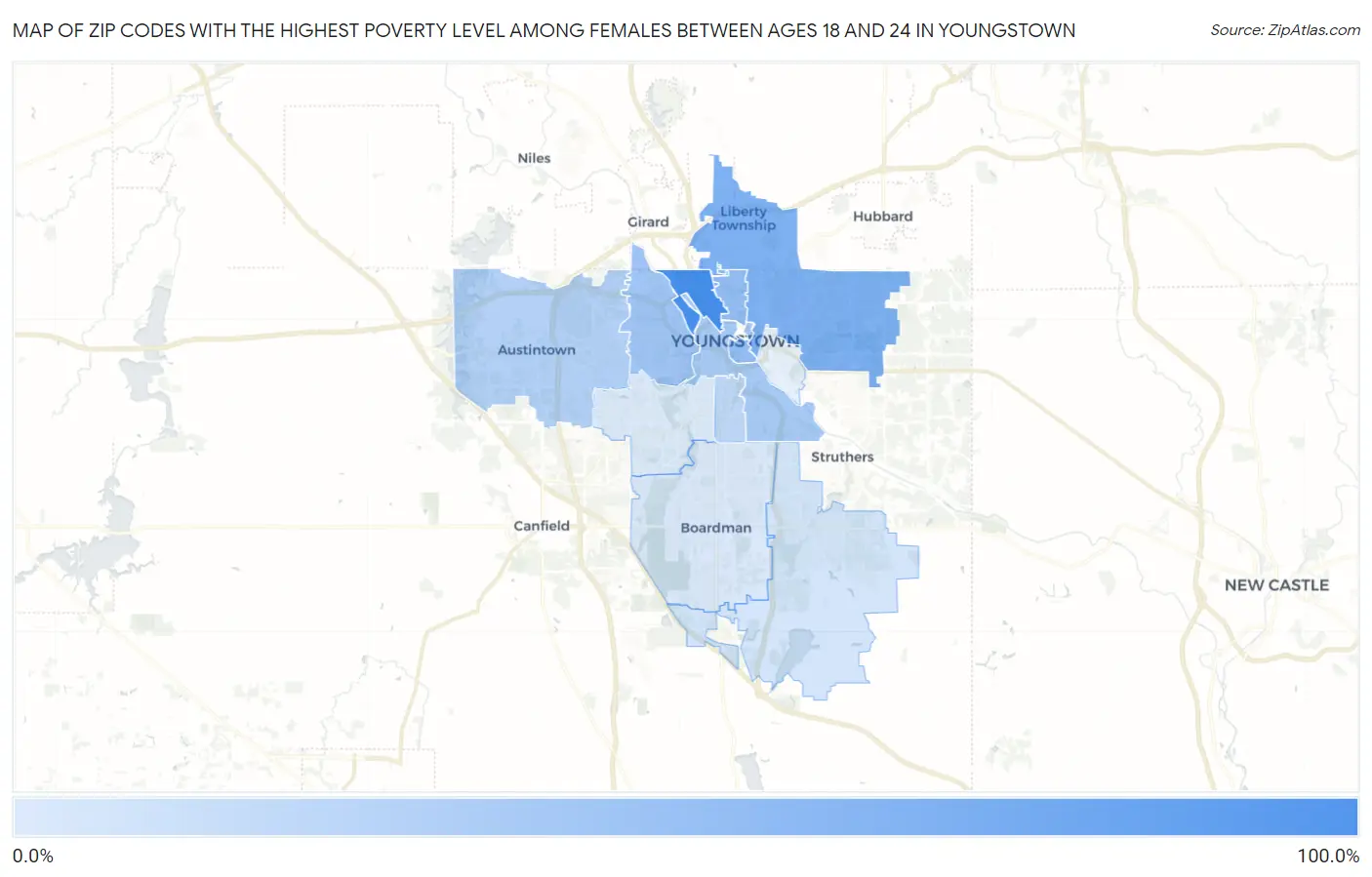 Zip Codes with the Highest Poverty Level Among Females Between Ages 18 and 24 in Youngstown Map