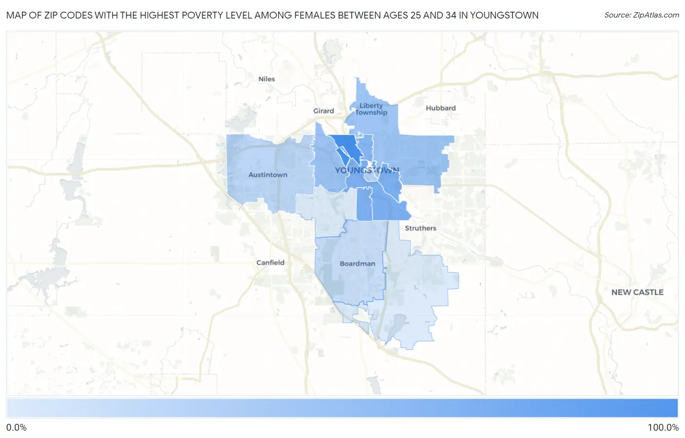 Zip Codes with the Highest Poverty Level Among Females Between Ages 25 and 34 in Youngstown Map
