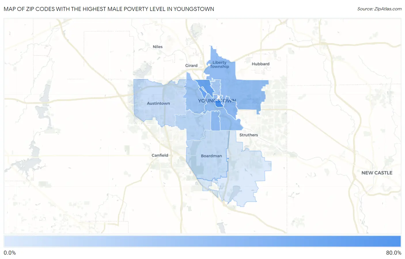Zip Codes with the Highest Male Poverty Level in Youngstown Map