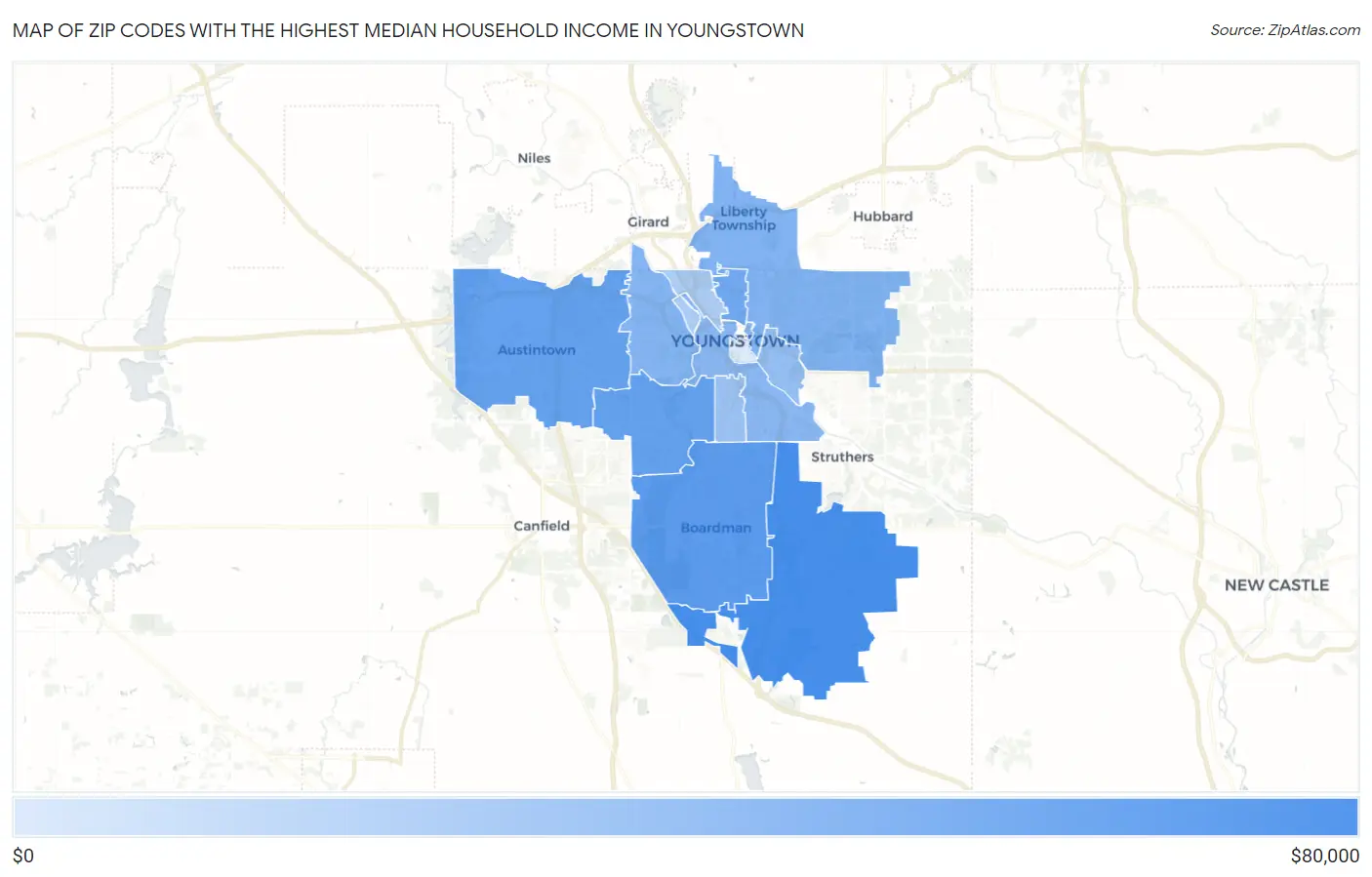 Zip Codes with the Highest Median Household Income in Youngstown Map