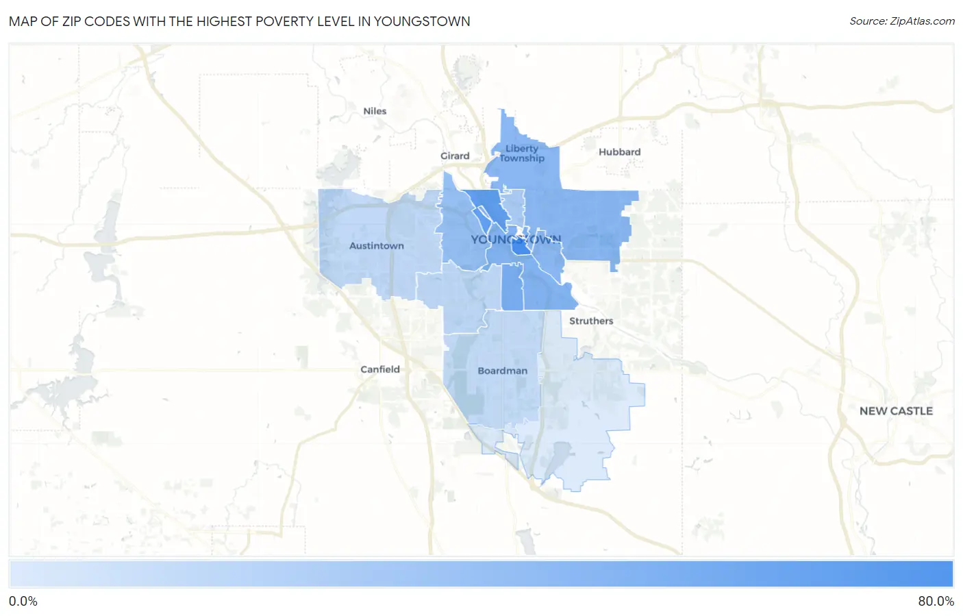 Zip Codes with the Highest Poverty Level in Youngstown Map