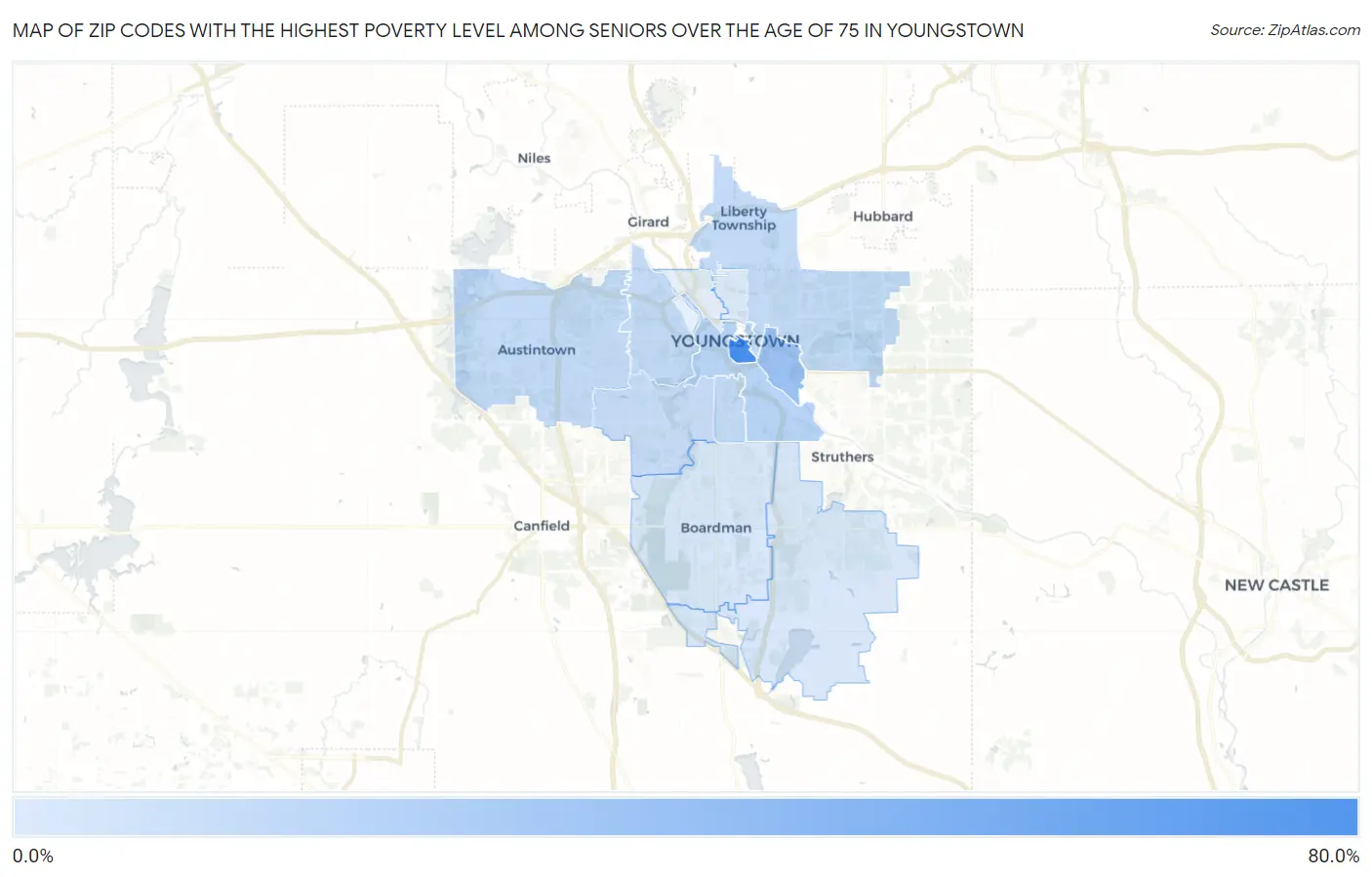 Zip Codes with the Highest Poverty Level Among Seniors Over the Age of 75 in Youngstown Map