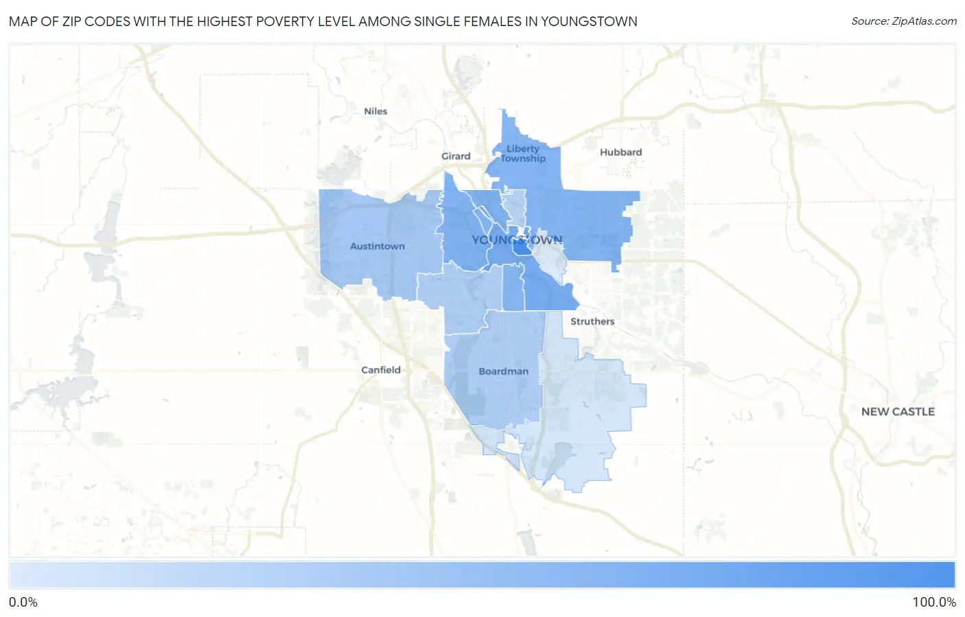 Zip Codes with the Highest Poverty Level Among Single Females in Youngstown Map