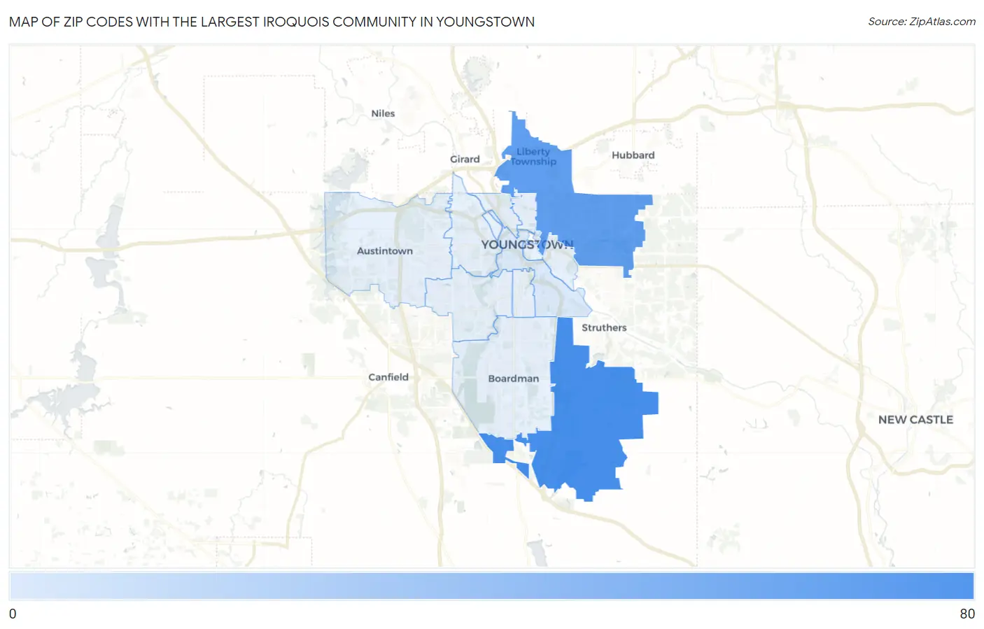 Zip Codes with the Largest Iroquois Community in Youngstown Map