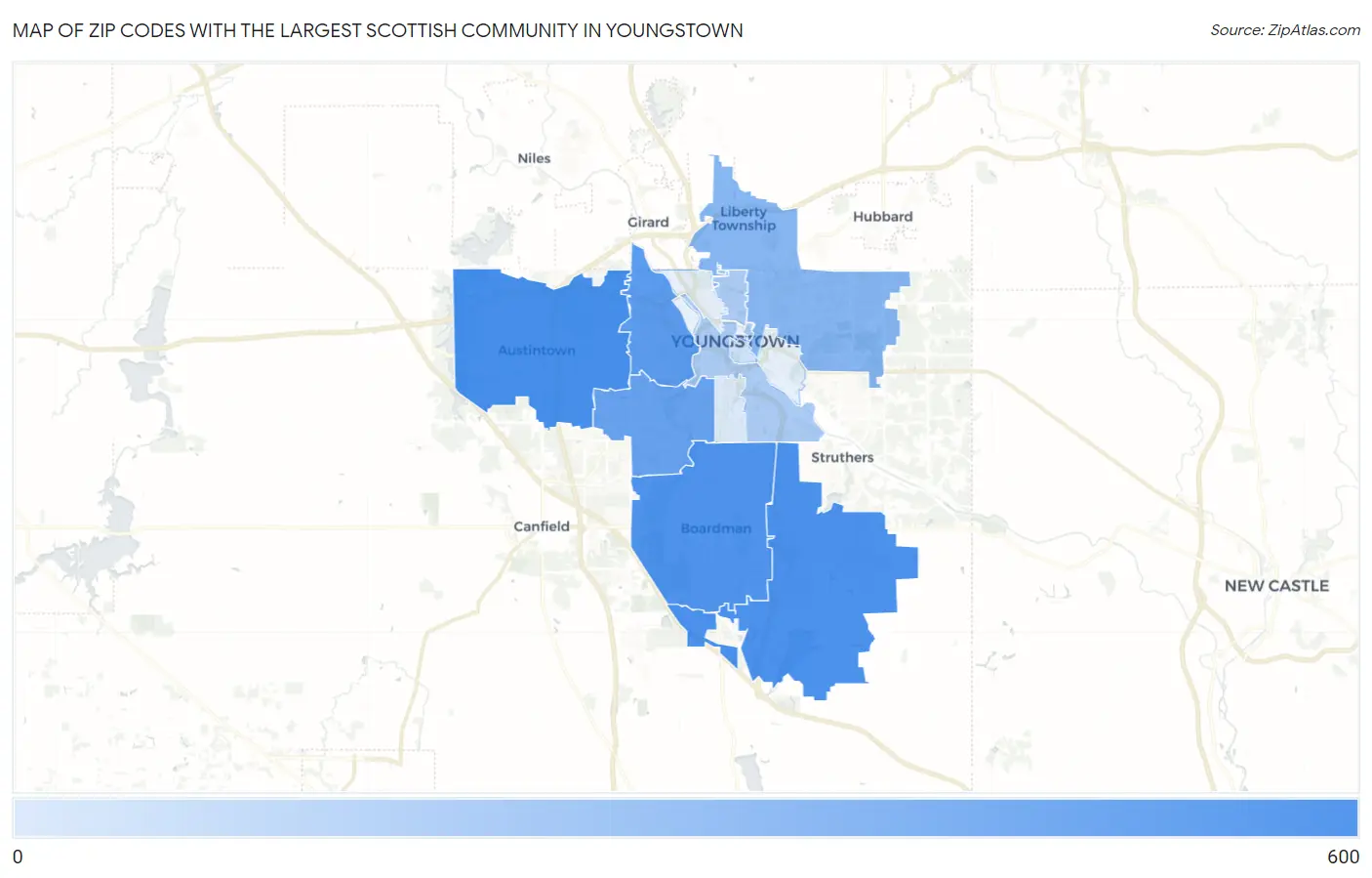 Zip Codes with the Largest Scottish Community in Youngstown Map