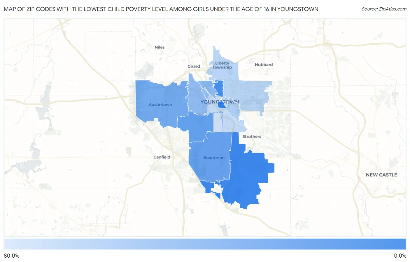 Zip Codes with the Lowest Child Poverty Level Among Girls Under the Age of 16 in Youngstown Map