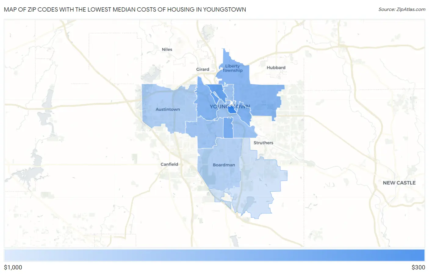 Zip Codes with the Lowest Median Costs of Housing in Youngstown Map