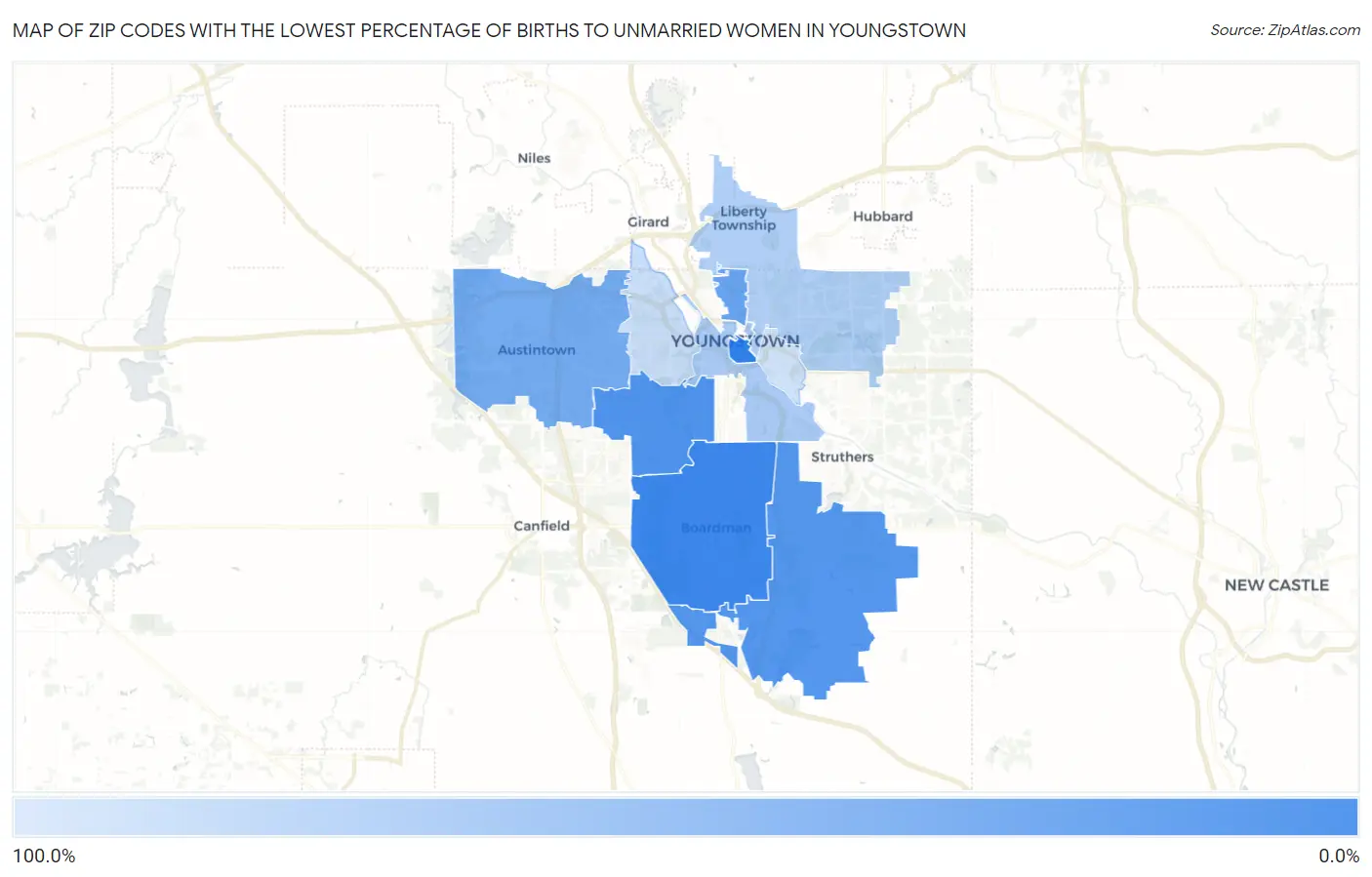 Zip Codes with the Lowest Percentage of Births to Unmarried Women in Youngstown Map