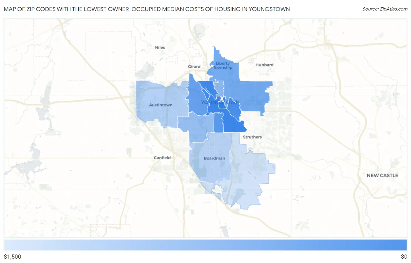 Zip Codes with the Lowest Owner-Occupied Median Costs of Housing in Youngstown Map