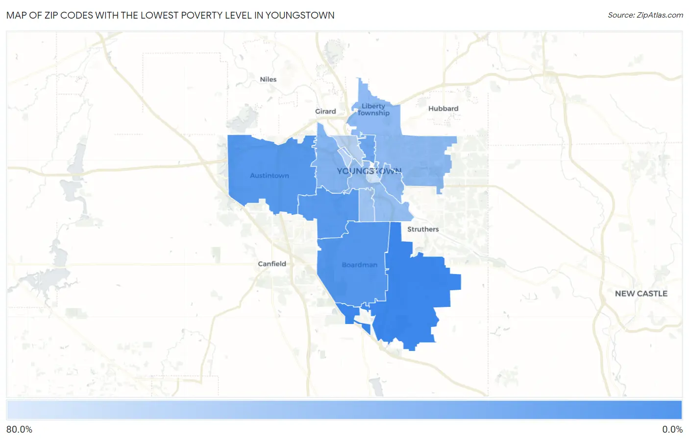 Zip Codes with the Lowest Poverty Level in Youngstown Map