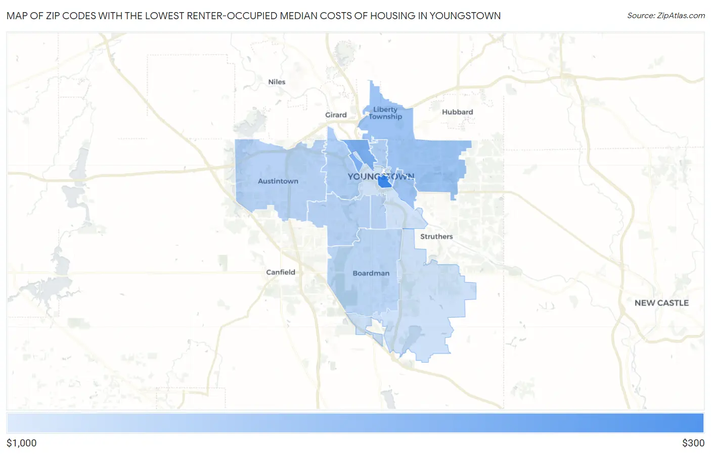 Zip Codes with the Lowest Renter-Occupied Median Costs of Housing in Youngstown Map