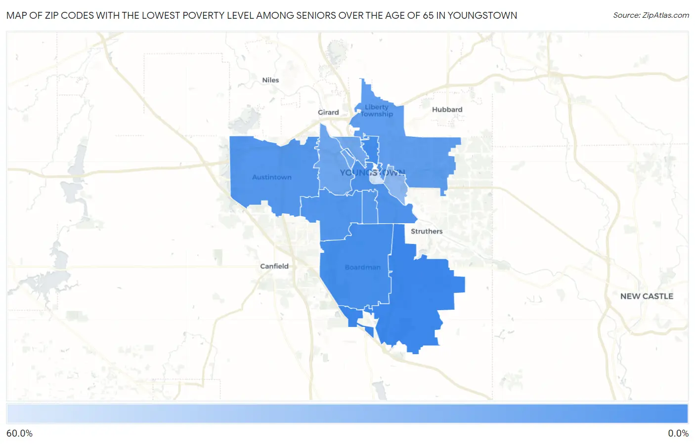 Zip Codes with the Lowest Poverty Level Among Seniors Over the Age of 65 in Youngstown Map