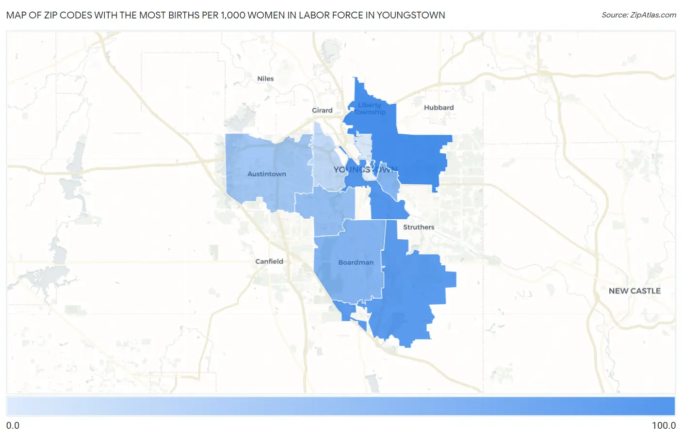 Zip Codes with the Most Births per 1,000 Women in Labor Force in Youngstown Map