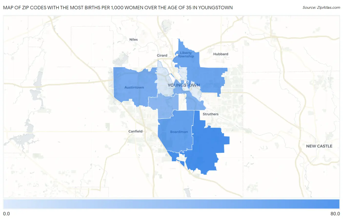 Zip Codes with the Most Births per 1,000 Women Over the Age of 35 in Youngstown Map