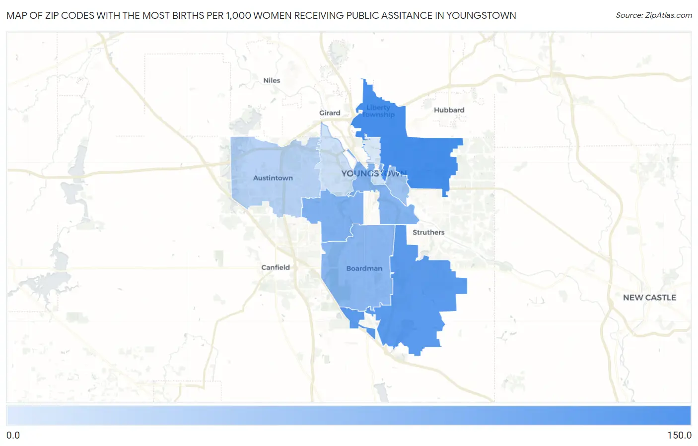 Zip Codes with the Most Births per 1,000 Women Receiving Public Assitance in Youngstown Map