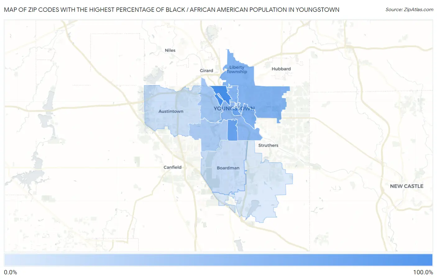 Zip Codes with the Highest Percentage of Black / African American Population in Youngstown Map