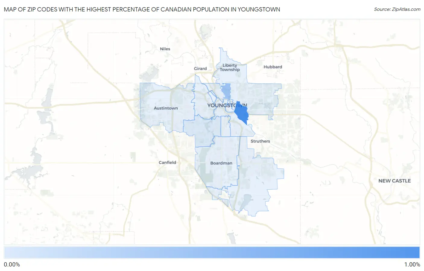 Zip Codes with the Highest Percentage of Canadian Population in Youngstown Map
