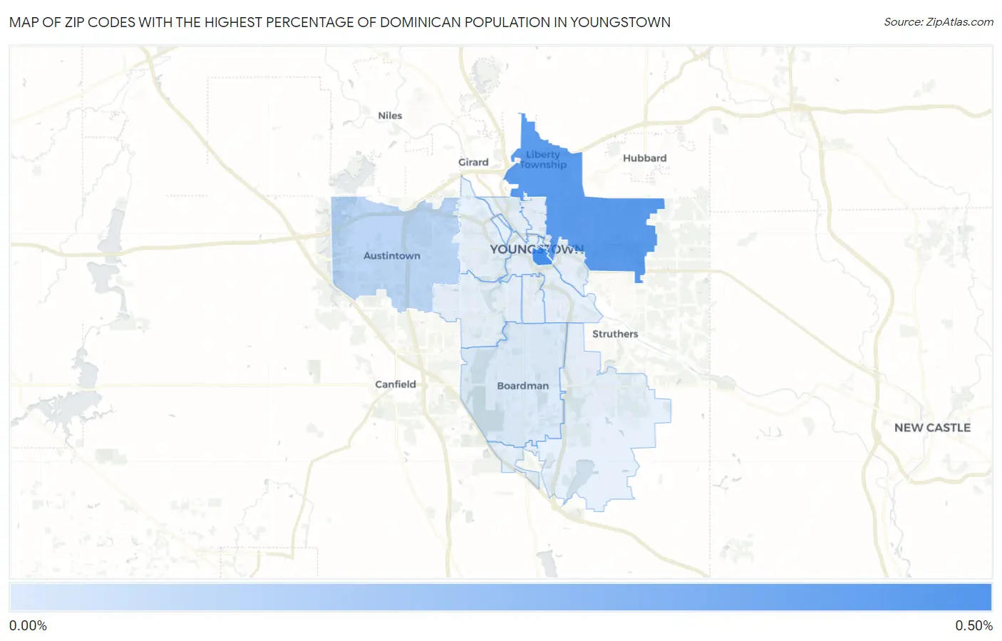 Zip Codes with the Highest Percentage of Dominican Population in Youngstown Map