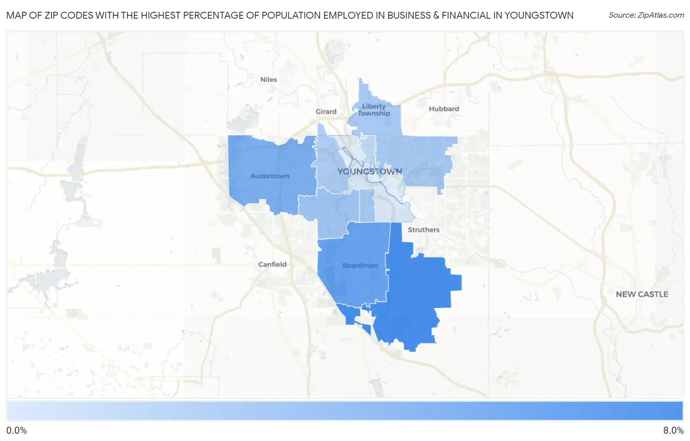 Zip Codes with the Highest Percentage of Population Employed in Business & Financial in Youngstown Map