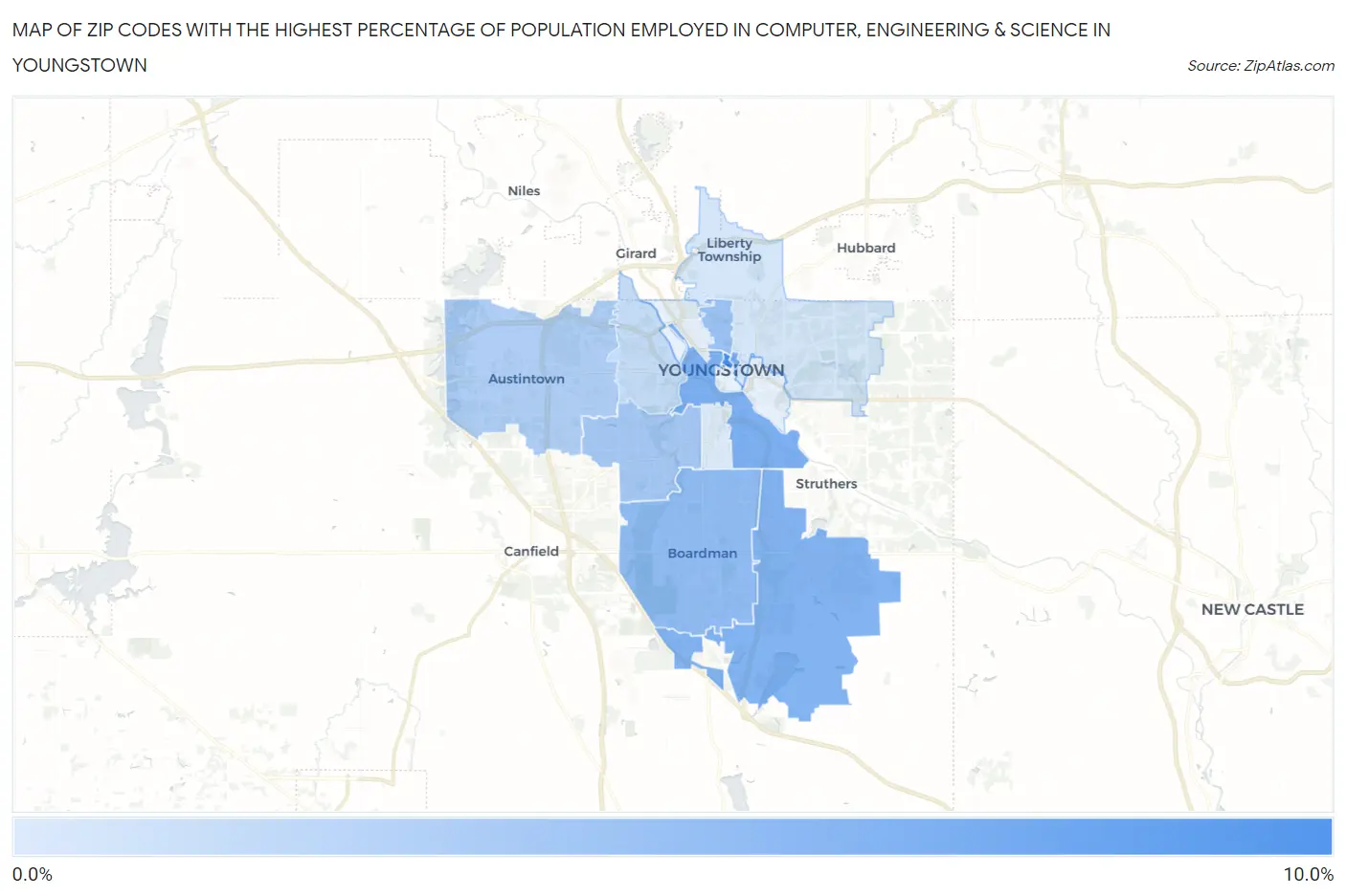 Zip Codes with the Highest Percentage of Population Employed in Computer, Engineering & Science in Youngstown Map