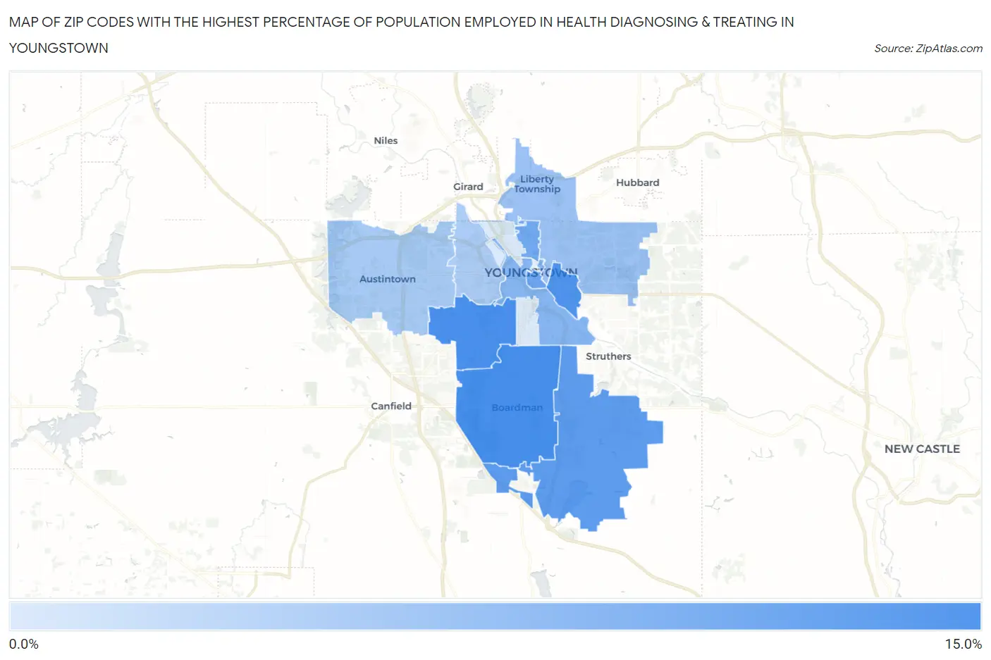 Zip Codes with the Highest Percentage of Population Employed in Health Diagnosing & Treating in Youngstown Map