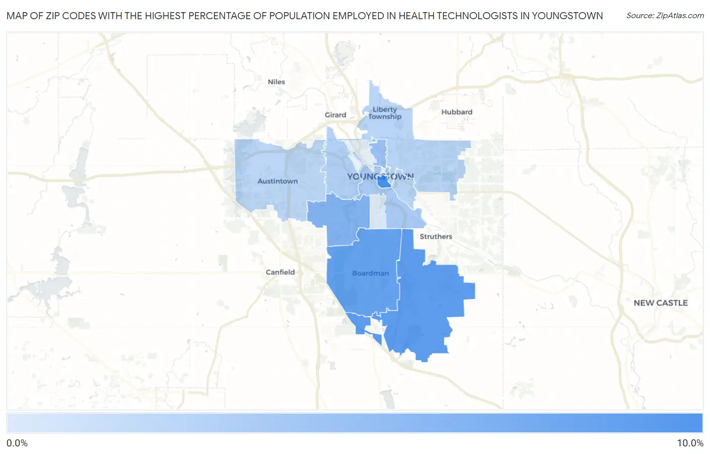Zip Codes with the Highest Percentage of Population Employed in Health Technologists in Youngstown Map