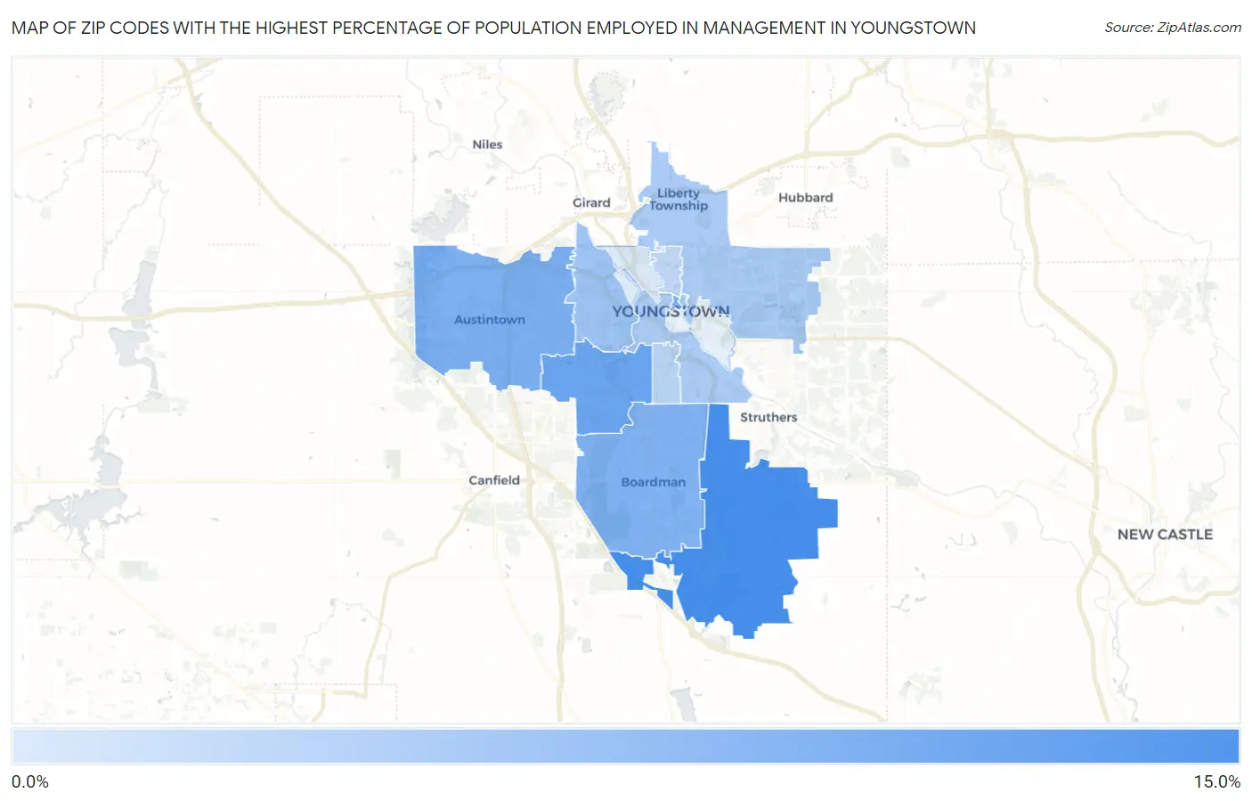 Zip Codes with the Highest Percentage of Population Employed in Management in Youngstown Map