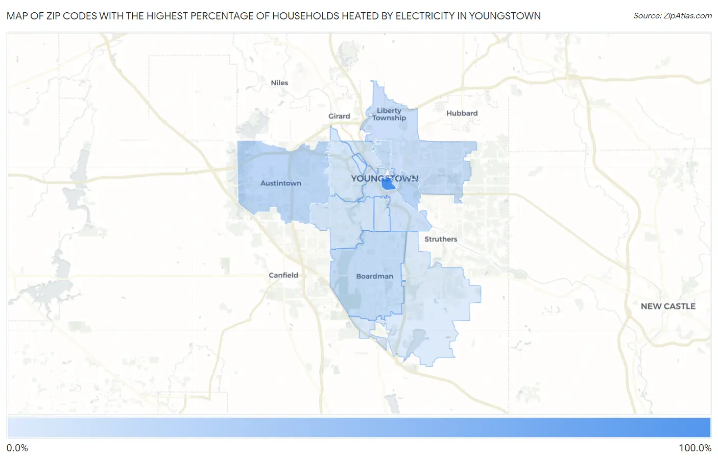 Zip Codes with the Highest Percentage of Households Heated by Electricity in Youngstown Map