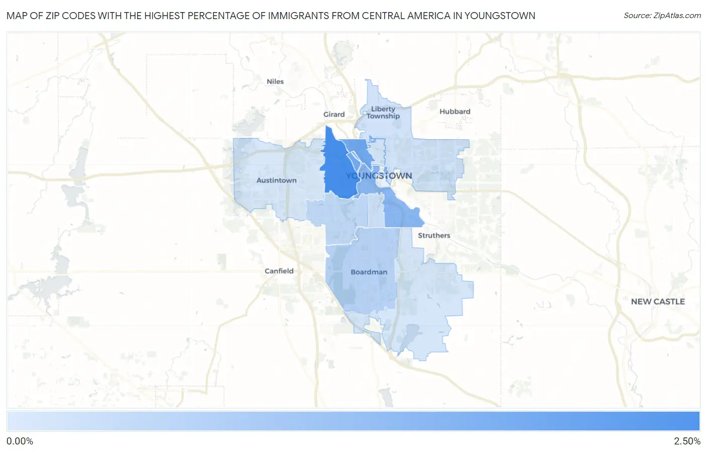 Zip Codes with the Highest Percentage of Immigrants from Central America in Youngstown Map