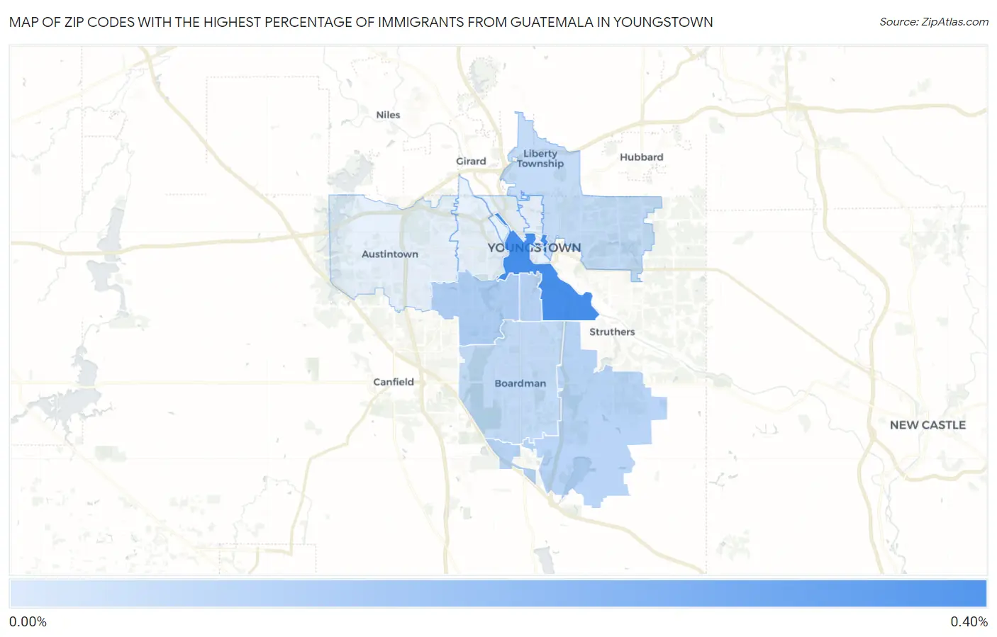 Zip Codes with the Highest Percentage of Immigrants from Guatemala in Youngstown Map