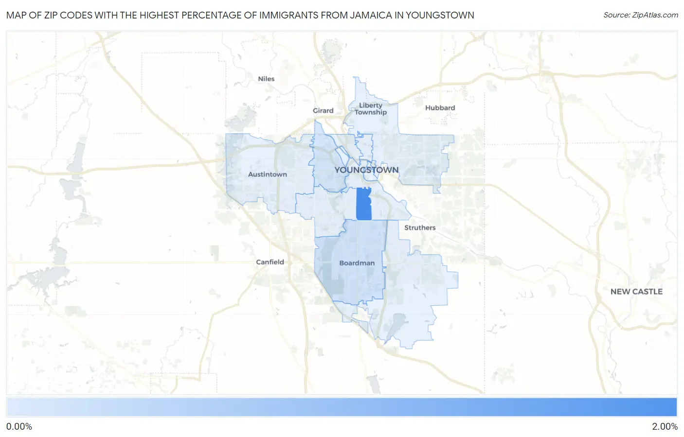 Zip Codes with the Highest Percentage of Immigrants from Jamaica in Youngstown Map