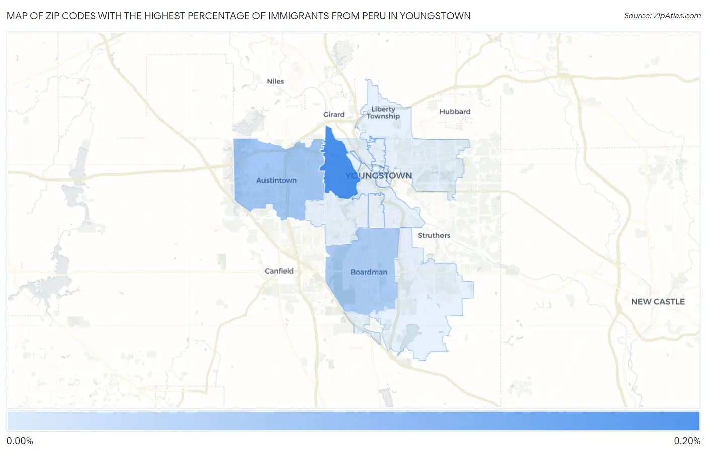 Zip Codes with the Highest Percentage of Immigrants from Peru in Youngstown Map