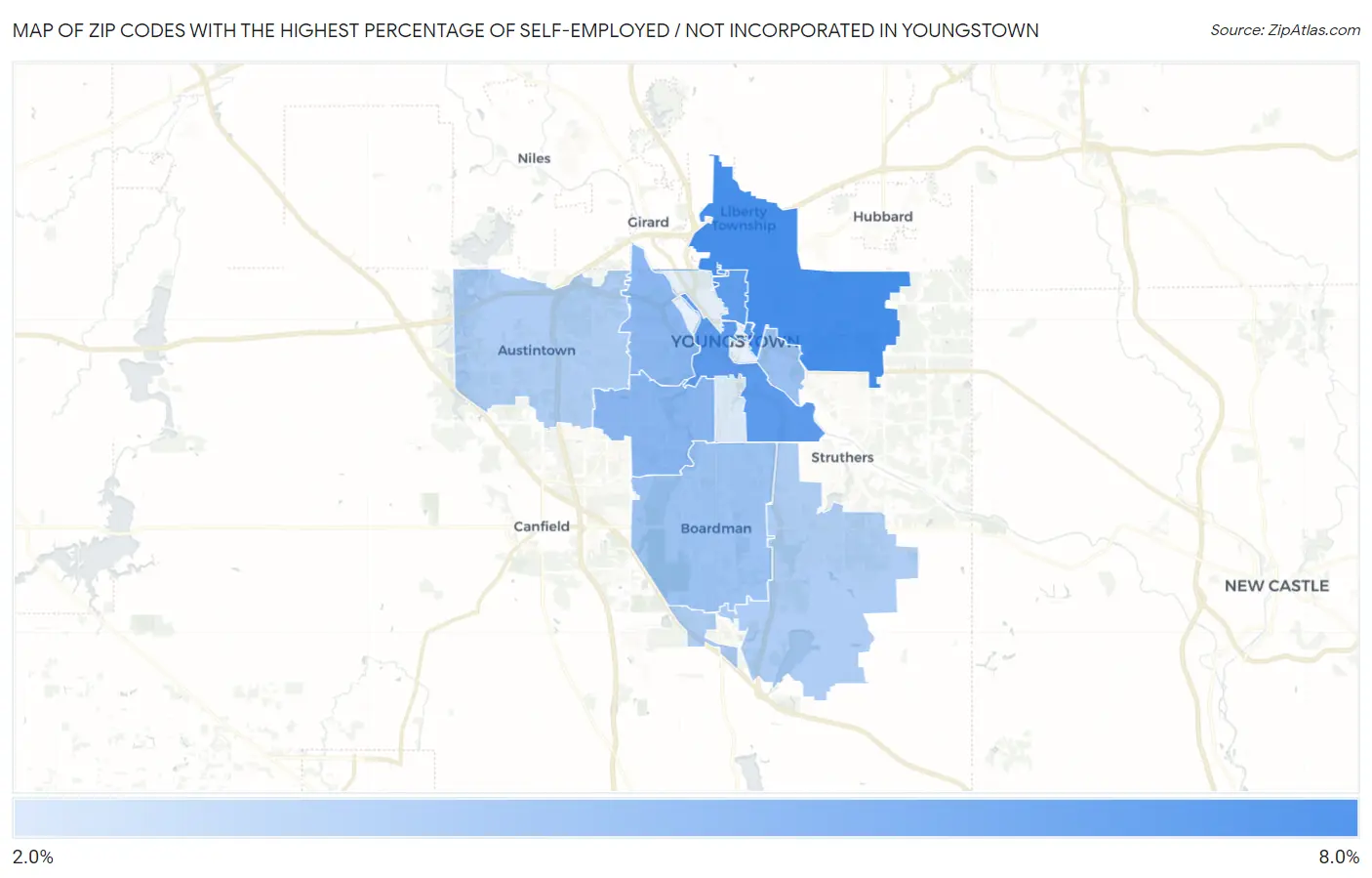 Zip Codes with the Highest Percentage of Self-Employed / Not Incorporated in Youngstown Map