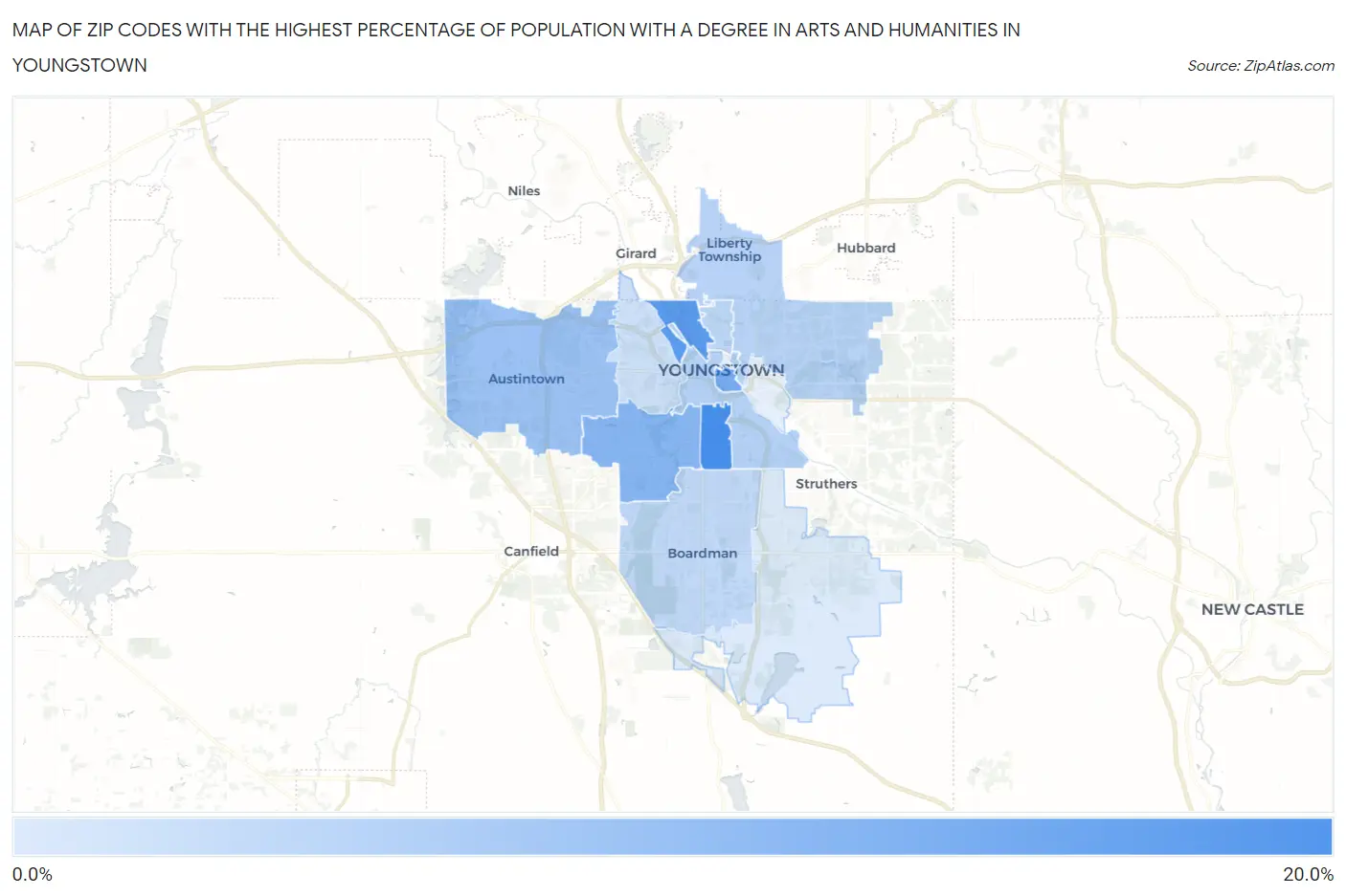 Zip Codes with the Highest Percentage of Population with a Degree in Arts and Humanities in Youngstown Map