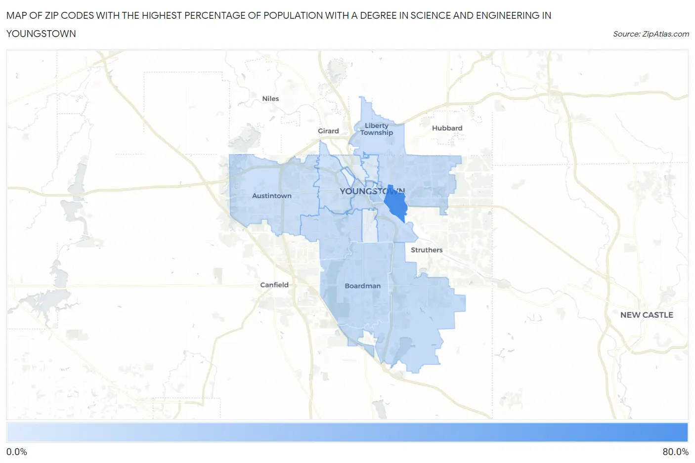 Zip Codes with the Highest Percentage of Population with a Degree in Science and Engineering in Youngstown Map