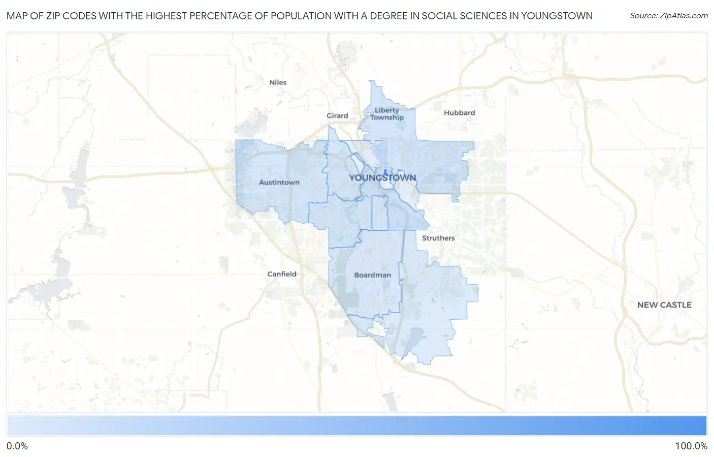 Zip Codes with the Highest Percentage of Population with a Degree in Social Sciences in Youngstown Map