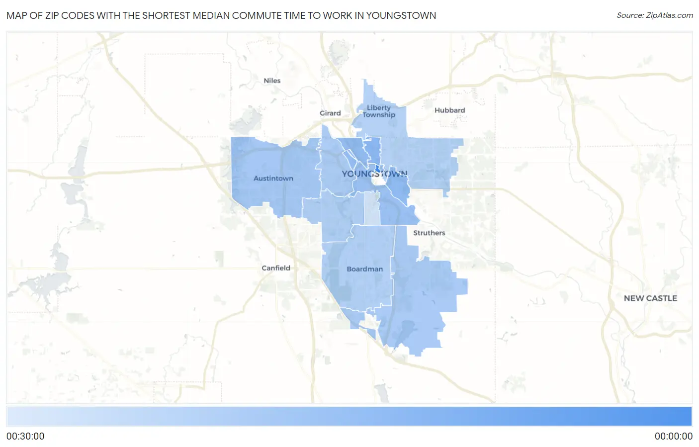 Zip Codes with the Shortest Median Commute Time to Work in Youngstown Map